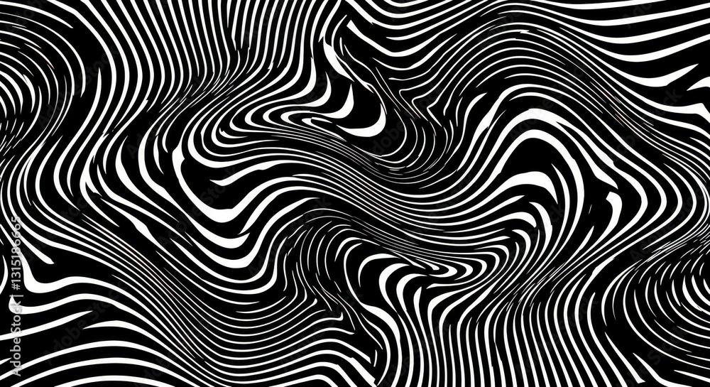Naklejka premium Optical illusion, black and white swirling pattern, hypnotic spiral design, zebra-like stripes, abstract geometric art, psychedelic waves, trippy visual effect, monochrome vortex, Op Art style, dizzyi