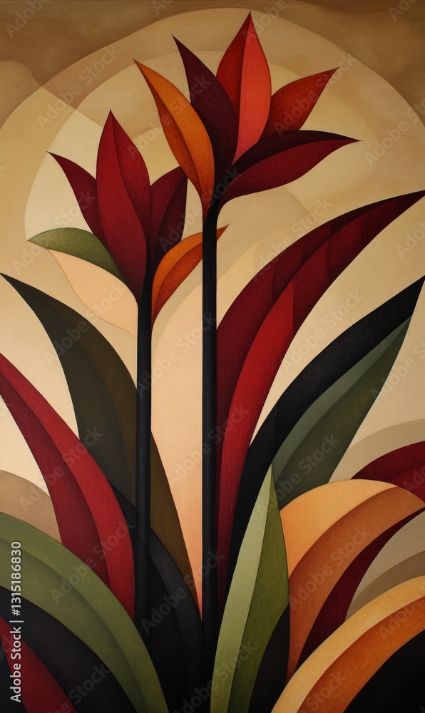 Abstract art of stylized tropical flowers against a warm, sunlit backdrop Abstract art of stylized tropical flowers against a warm, sunlit backdrop