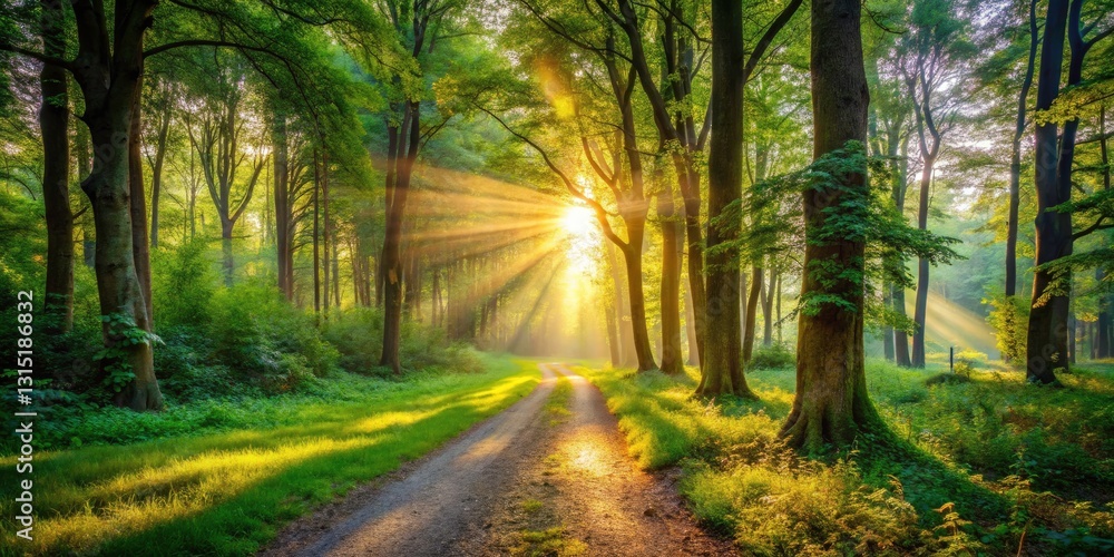 Fototapeta premium Sunlit Forest Clearing Path - Serene Nature Photography, Peaceful Woodland Trail, Magical Sunlight