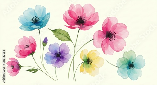 Fototapeta Naklejka Na Ścianę i Meble -  Watercolor flowers, delicate petals, pastel colors, pink blue yellow purple, translucent, botanical illustration, soft focus, gentle brushstrokes, light background, minimalist composition, spring blos