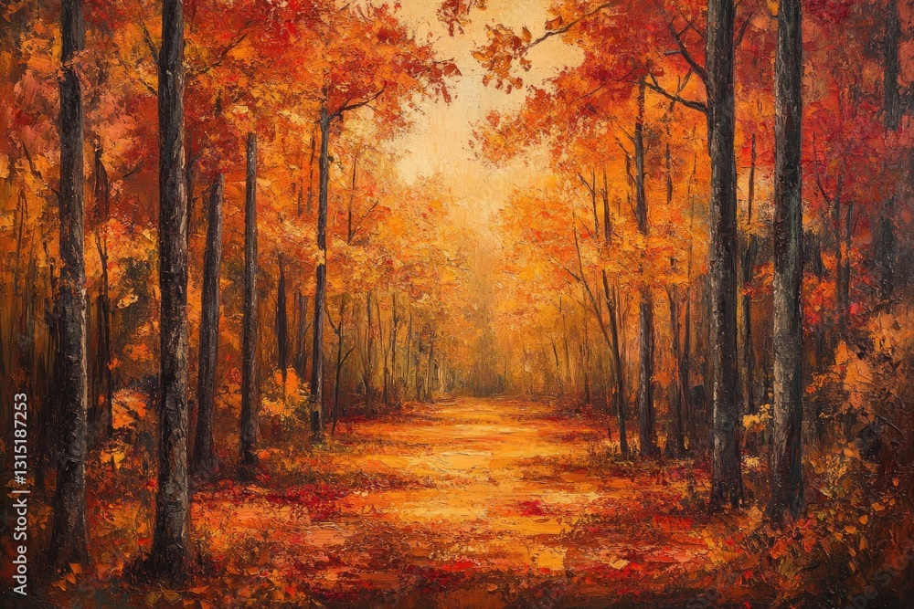Obraz premium Autumnal forest path, vibrant orange and red leaves, sunlit trees.