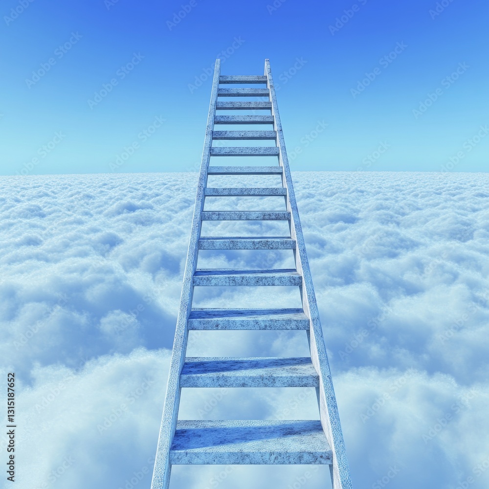 A wooden ladder ascends towards a soft white cloud, set against a teal background, representing ambition, success, and the quest for dreams A wooden ladder ascends towards a soft white cloud, set against a teal background, representing ambition, success, and the quest for dreams