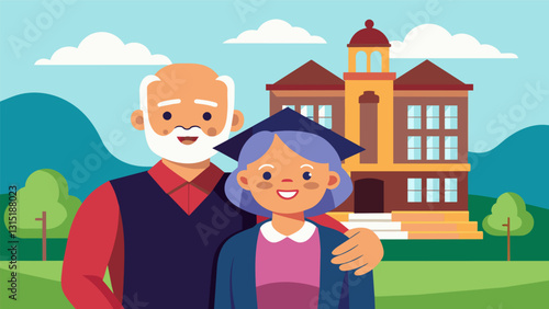 An older couple poses for a photo in front of a campus landmark after completing a semester of classes together grinning with pride at their academic achievement.. Vector illustration