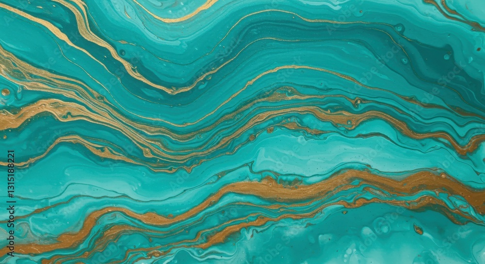 Obraz premium Abstract fluid art, teal and turquoise background, gold veins, marbled texture, liquid flow, organic patterns, luxury aesthetic, high contrast, glossy surface, modern art, acrylic pour painting style,