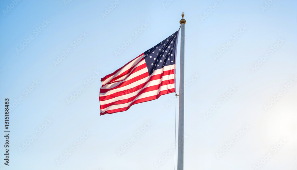 Obraz premium Flag at half-mast waving in clear skies, honoring solemnity