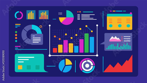 The sleek data analytics dashboard features a multitude of vibrant graphs and charts providing a realtime display of key metrics and trends.. Vector illustration