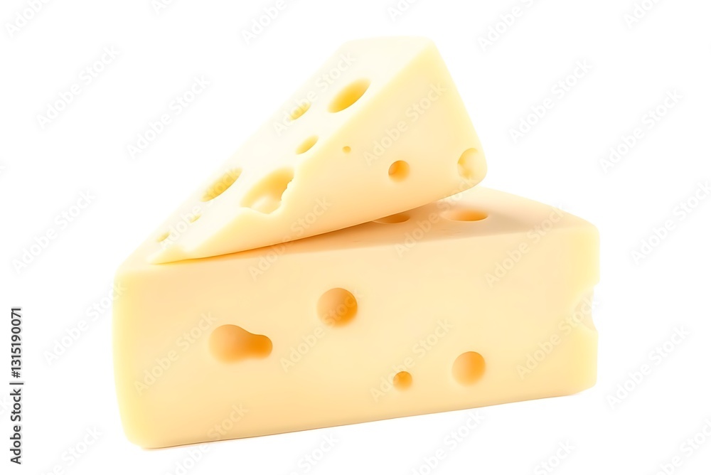 Delicious swiss cheese pieces stacked on each other isolated white background Delicious swiss cheese pieces stacked on each other isolated white background
