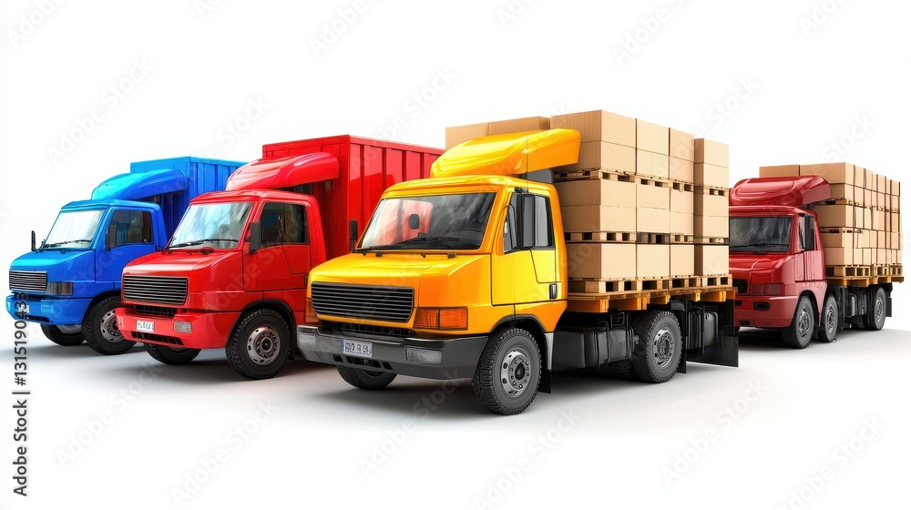 A collection of delivery trucks with cargo in the back on a white isolated background A collection of delivery trucks with cargo in the back on a white isolated background