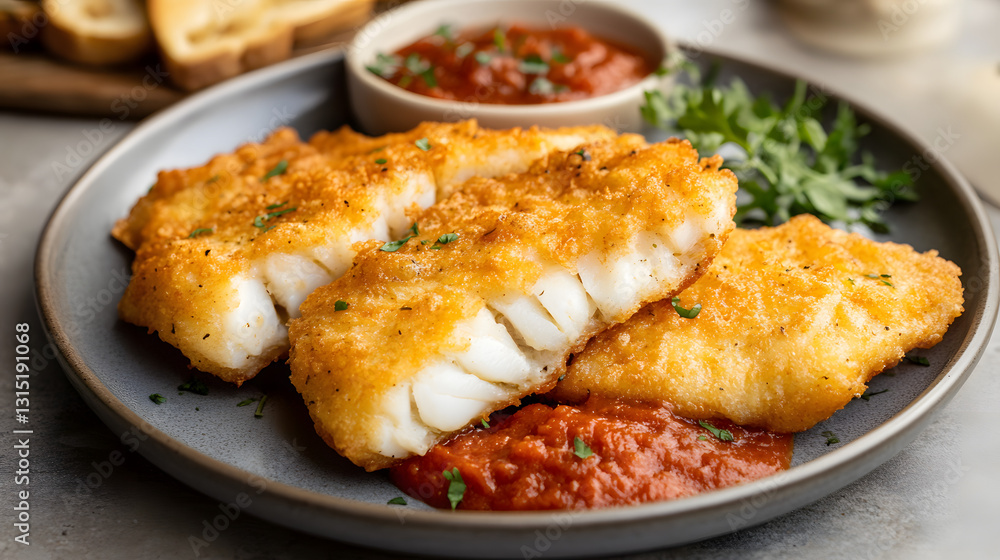 Golden battered fish fillets served with a side of garlic bread and marinara sauce. Golden battered fish fillets served with a side of garlic bread and marinara sauce.