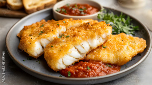 Golden battered fish fillets served with a side of garlic bread and marinara sauce.