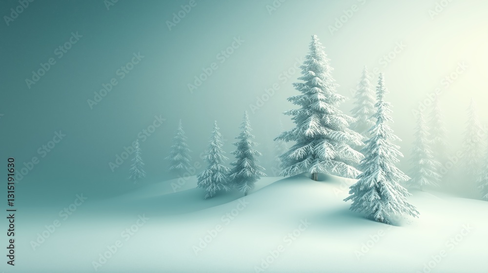 Fototapeta premium Serene winter landscape with snow-covered pine trees amidst a misty background, evoking calmness and tranquility in nature's embrace