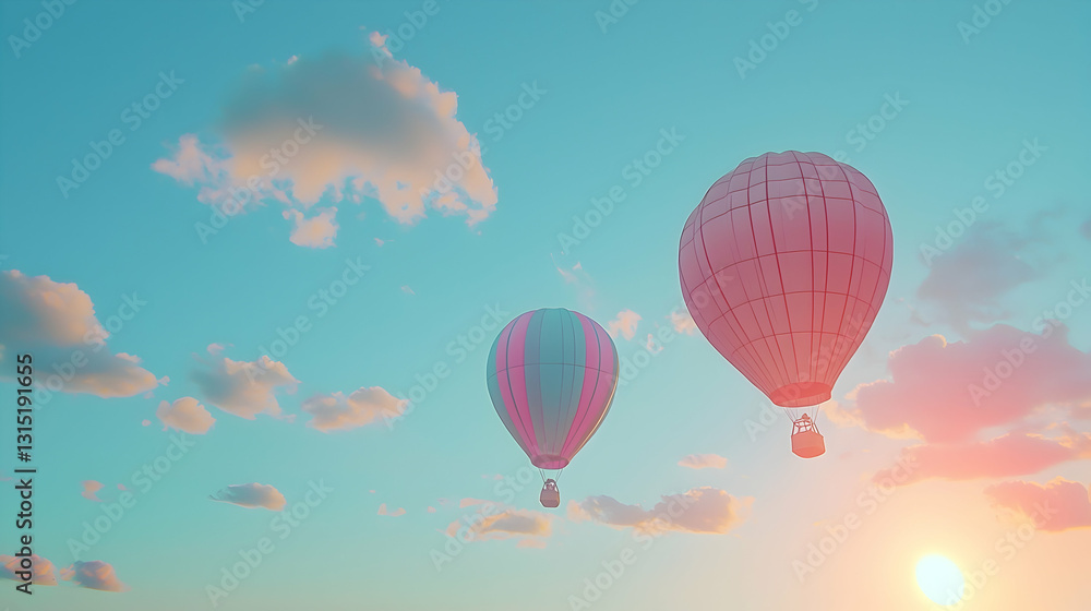 Fototapeta premium Two hot air balloons fly at sunset over fluffy clouds; travel, adventure, freedom imagery