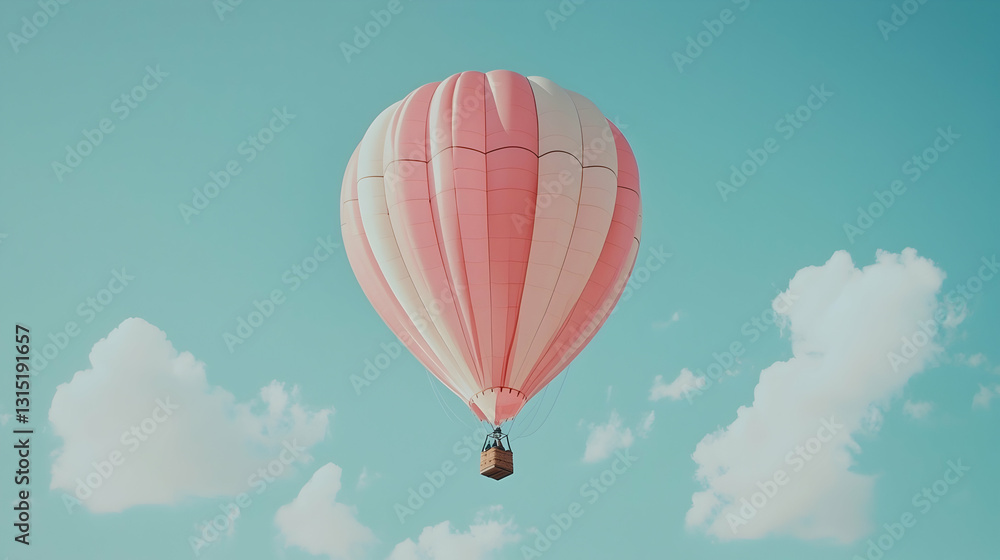 Fototapeta premium Pink hot air balloon floats above fluffy clouds, clear sky background. Perfect for travel, adventure, freedom concepts