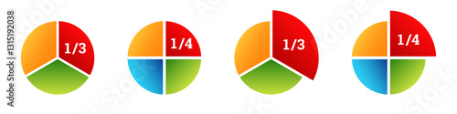 Four distinct pie charts with red yellow blue green sections clearly show different fractional values.
