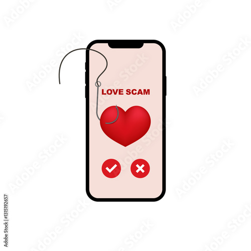 A mobile phone screen displays a love scam concept featuring a red heart and a phishing hook.