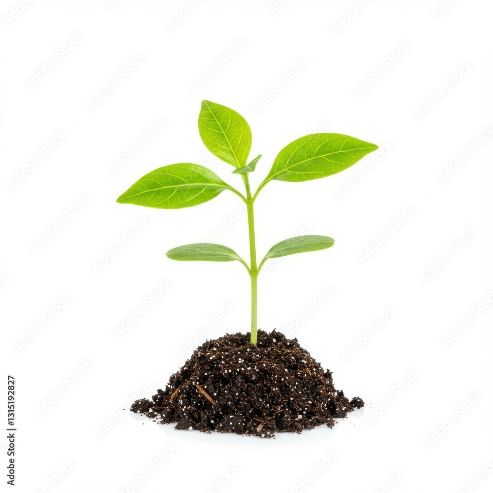 Young green seedling, sprouting from rich dark soil, vibrant leaves, new growth, white background, macro photography, high contrast, botanical illustration, growth concept, beginnings, nature, plant l Young green seedling, sprouting from rich dark soil, vibrant leaves, new growth, white background, macro photography, high contrast, botanical illustration, growth concept, beginnings, nature, plant l