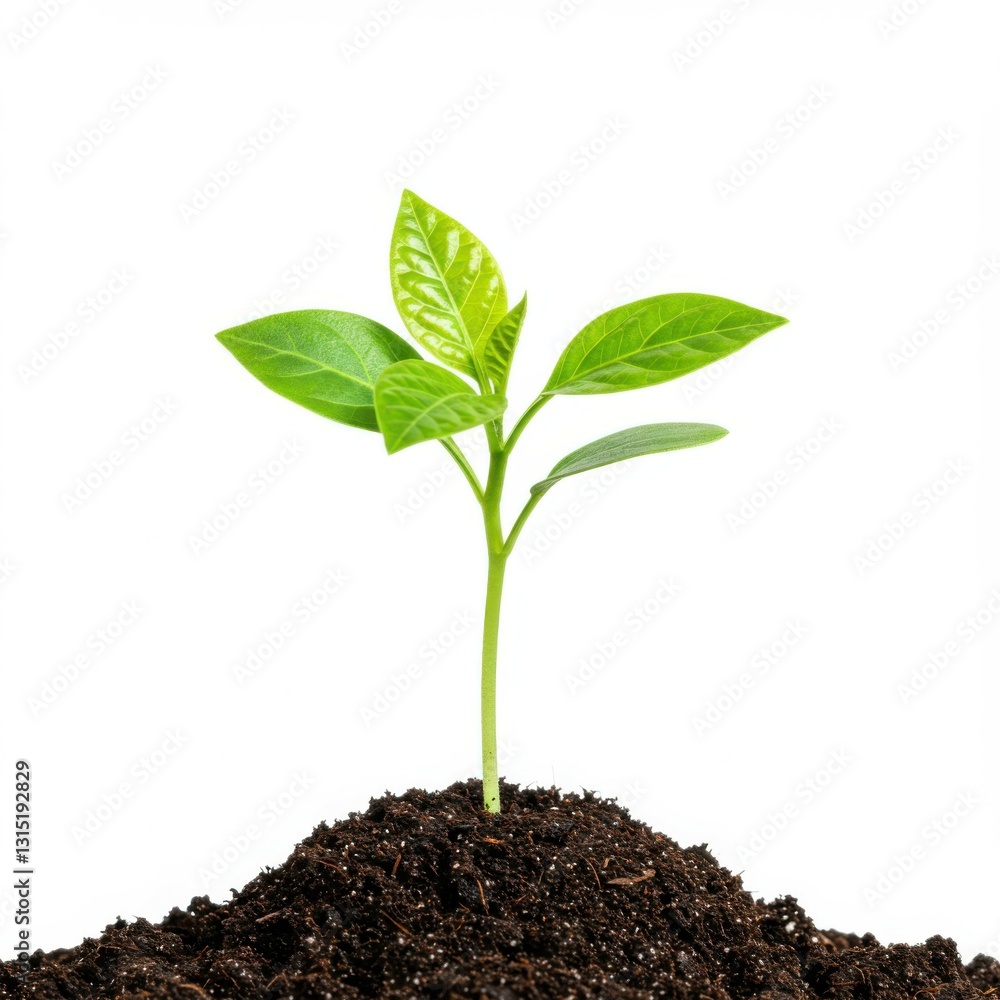 Young green seedling, sprouting from rich dark soil, vibrant leaves, new growth, white background, macro photography, high contrast, botanical illustration, growth concept, beginnings, nature, plant l Young green seedling, sprouting from rich dark soil, vibrant leaves, new growth, white background, macro photography, high contrast, botanical illustration, growth concept, beginnings, nature, plant l