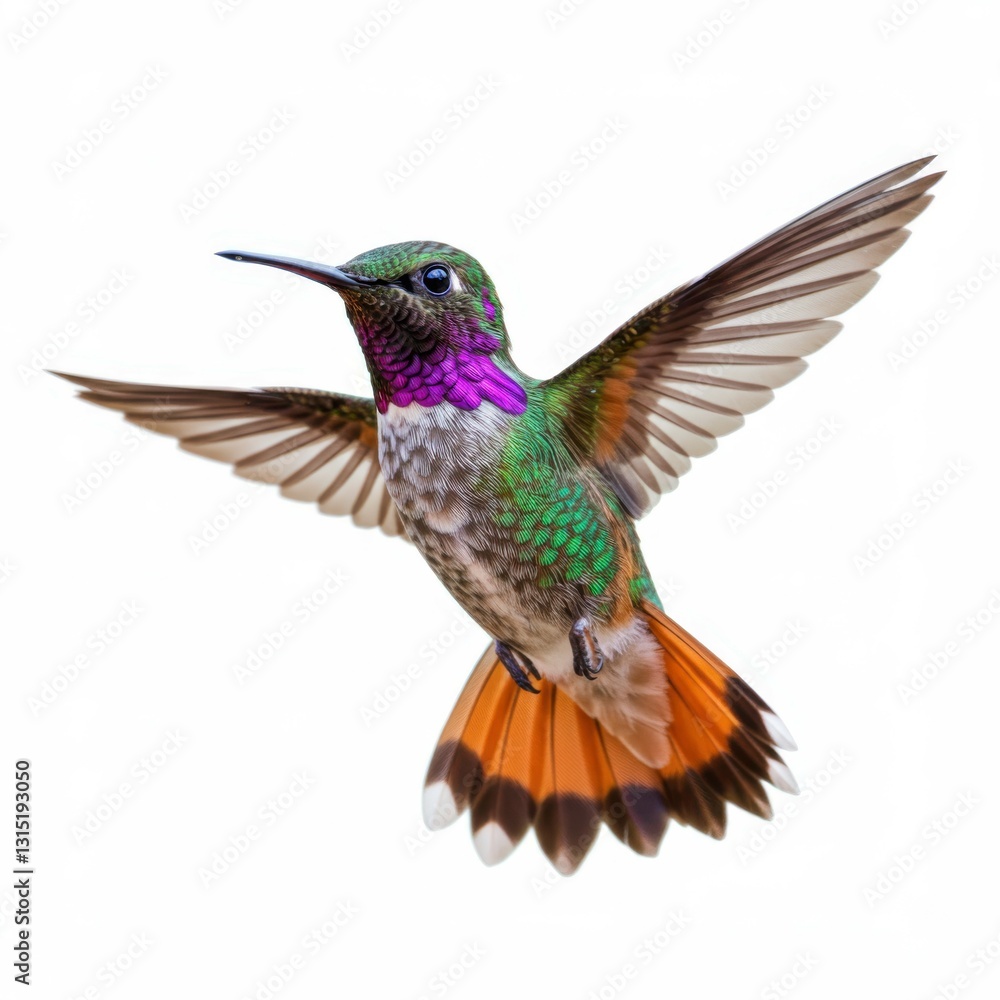 Naklejka premium Vibrant hummingbird in flight, iridescent purple throat, emerald green feathers, orange tail feathers, spread wings, white background, macro photography, hyper-detailed, 8K resolution, photorealistic,