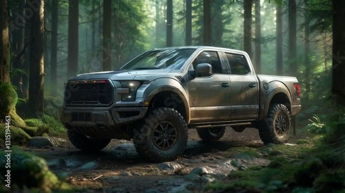 A pickup truck is parked in a forest. The truck is dirty and has mud on it. The forest is lush. smooth repeating motion for background video animation