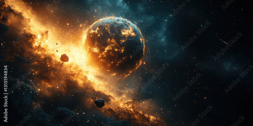 Obraz premium a grand space scene: a planet engulfed in a firestorm, as if experiencing a catastrophic event 