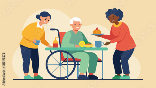 Two volunteers gently assist a person with limited mobility to their seat at the community meal showcasing the inclusive nature of the service.. Vector illustration