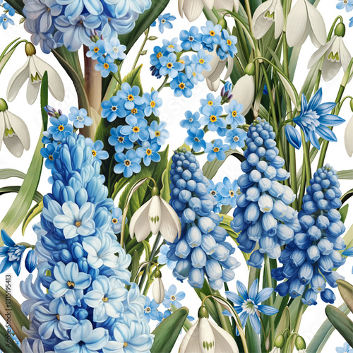 Seamless vector pattern with blue and white spring flowers isolated on a changeable background. Vintage painting style illustration.