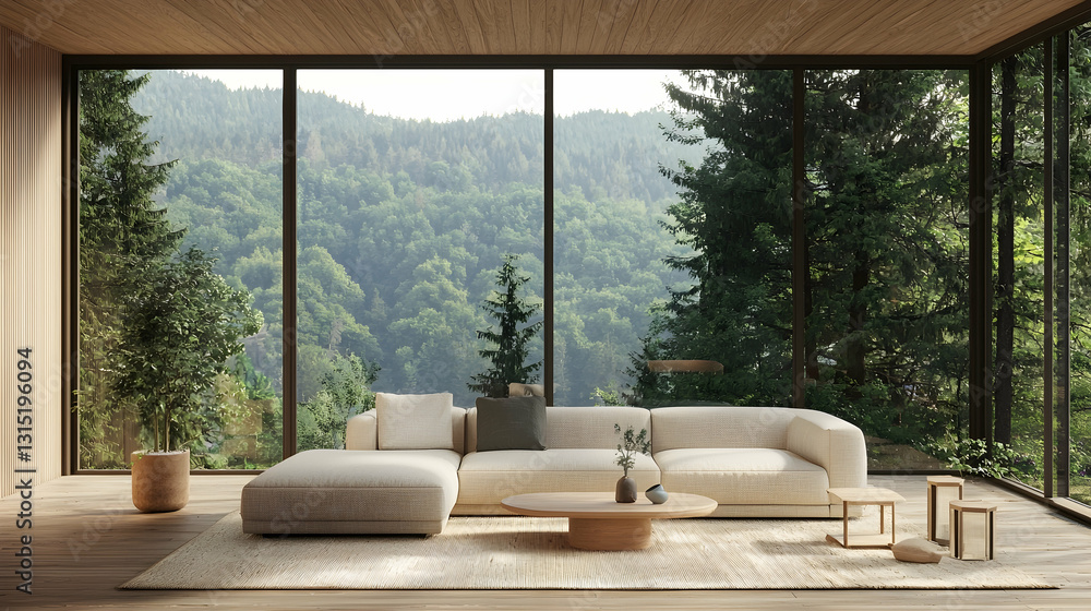 Fototapeta premium Mountain view living room, modern sectional sofa, minimalist design, forest backdrop, ideal for home decor websites
