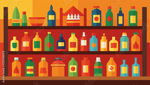 The walls are lined with shelves filled with bottles of hot sauce and a variety of colorful sauces enticing you to add a kick to your meal.. Vector illustration