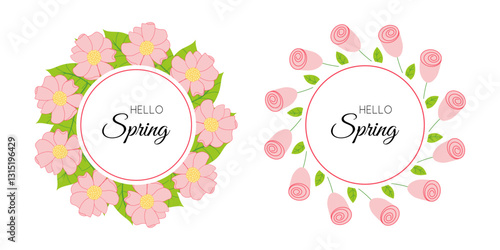 Elegant frames with roses. Spring botanical wreath designed for use on greeting cards, banners, wedding themes. Vector illustration on white background