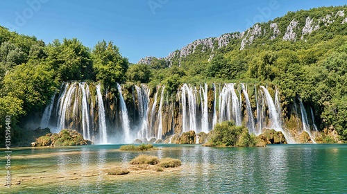 Waterfall cascades, sunny landscape,  Croatia