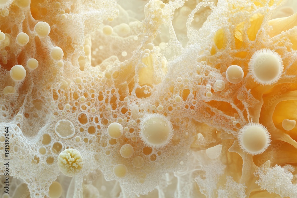 Microscopic view of a complex, organic structure with bubbly, interconnected forms in warm, yellowish tones. Microscopic view of a complex, organic structure with bubbly, interconnected forms in warm, yellowish tones.