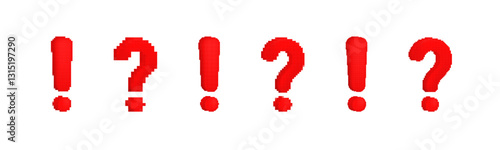 pixelated red exclamation and question marks, designed in a bold digital typography style.