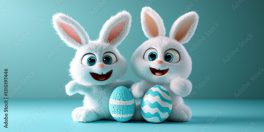 Fototapeta premium Two white Easter bunnies with decorated eggs on blue background