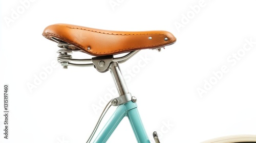 A close-up of a bicycle saddle and seat post on a white isolated background