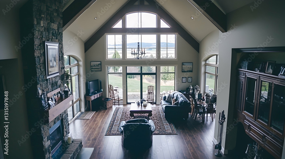 Luxurious living room with high ceilings, large windows overlooking scenic landscape, showcasing comfortable furniture and fireplace. Ideal for real estate marketing Luxurious living room with high ceilings, large windows overlooking scenic landscape, showcasing comfortable furniture and fireplace. Ideal for real estate marketing
