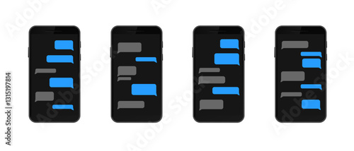 Four smartphones show messaging apps with blue and gray chat bubbles, highlighting modern communication.