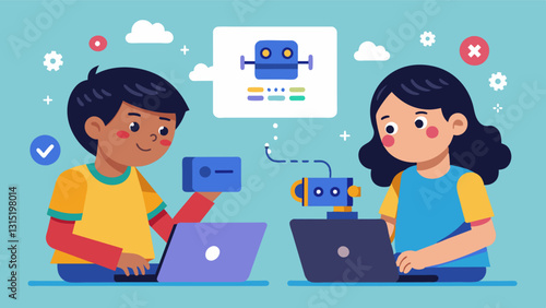 Two siblings work together to connect their coding kits through bluetooth determined to make their robots communicate and perform tasks together.. Vector illustration