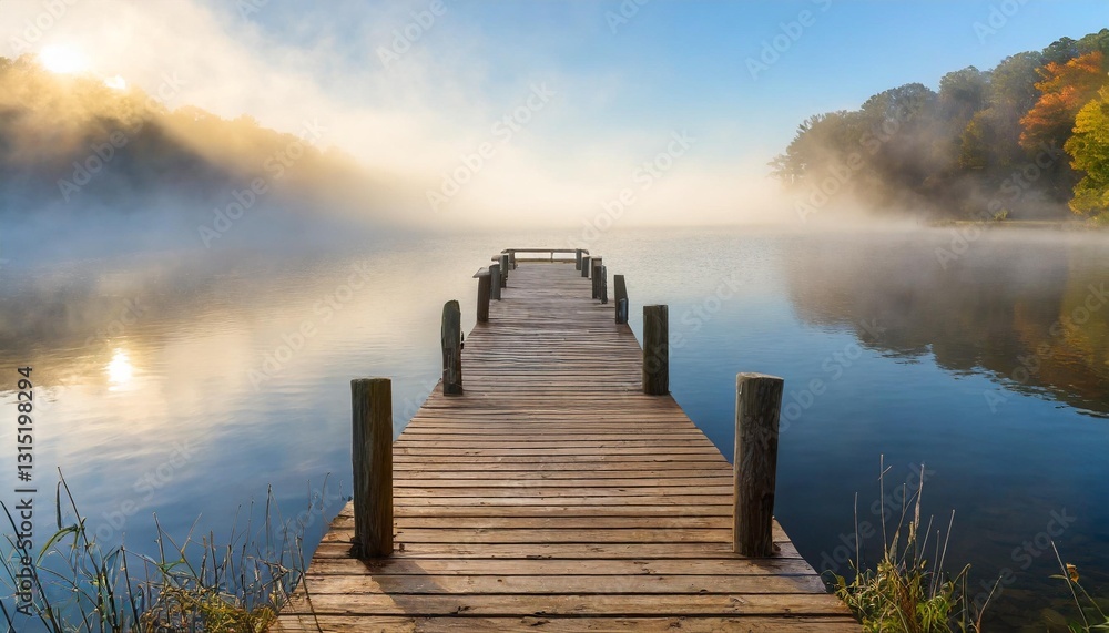 Fototapeta premium Serene wooden pier on calm lake at sunrise, misty morning landscape with golden sunlight and fog over water, peaceful nature scene with wooden dock and autumn trees for travel background