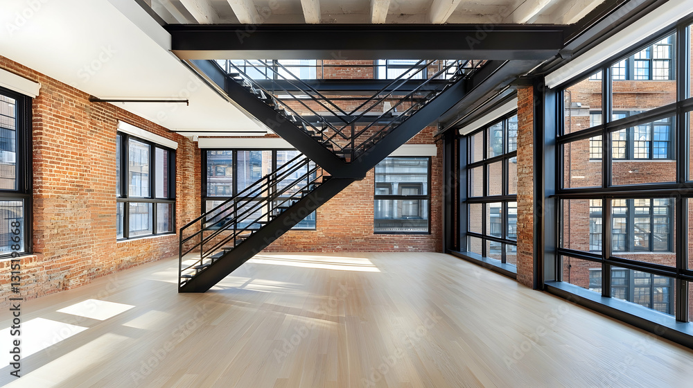 Obraz premium Modern loft apartment, industrial-style staircase, city view, sunlit hardwood floor, empty space