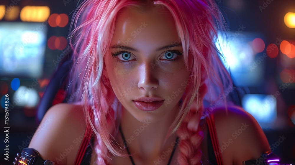 A captivating closeup of a person with vibrant pink braided hair and blue eyes in a neonlit cyberpunk environment A captivating closeup of a person with vibrant pink braided hair and blue eyes in a neonlit cyberpunk environment
