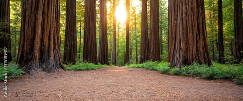 Giant redwood bark texture featuring a lush forest with tall trees and vibrant grass for nature exploration