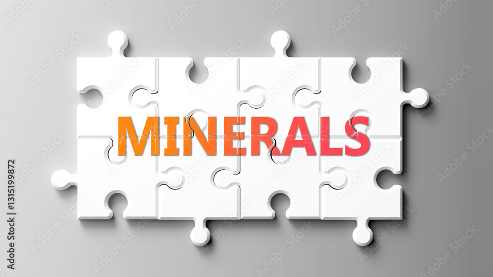 Minerals complex like a puzzle - pictured as word minerals on a puzzle pieces to show that minerals is complex and needs cooperating pieces that fit together. ,3d illustration Minerals complex like a puzzle - pictured as word minerals on a puzzle pieces to show that minerals is complex and needs cooperating pieces that fit together. ,3d illustration