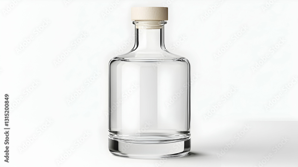 Empty glass bottle with wooden cap, studio shot, white background; packaging design Empty glass bottle with wooden cap, studio shot, white background; packaging design