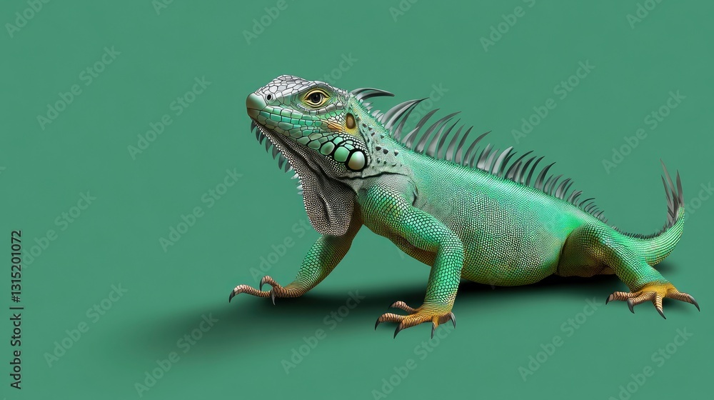 Fototapeta premium Green iguana lizard posing on teal background.