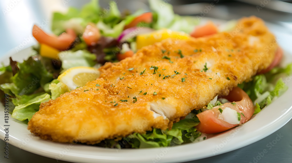 Golden fried fish fillets served with a side of fried green beans and ranch dip. Golden fried fish fillets served with a side of fried green beans and ranch dip.