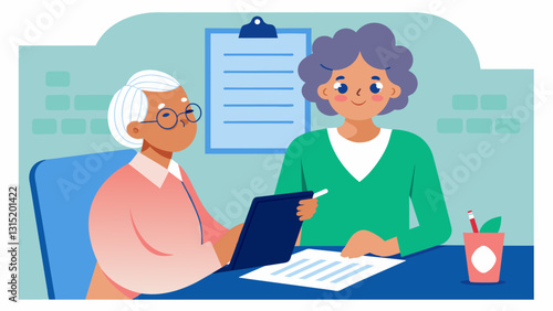 A senior woman filling out her health history form before her first preventive healthcare appointment.. Vector illustration