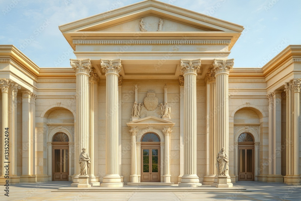 Obraz premium Neoclassical building with grand columns, statues, and a pediment, exuding elegance and grandeur.