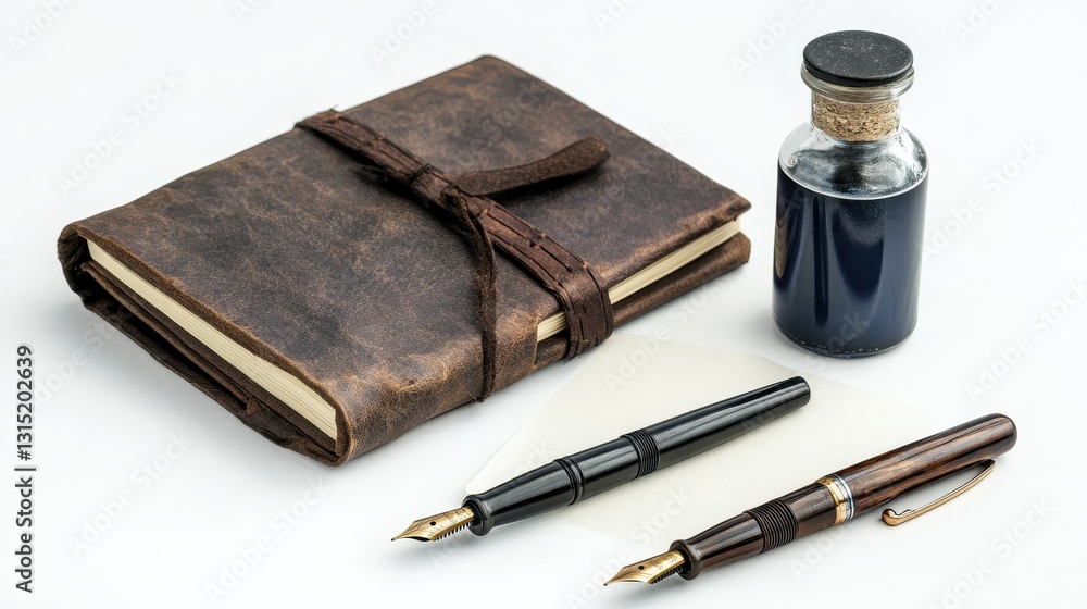 A set of creative writing tools including journals, fountain pens, and ink bottles on a white isolated background A set of creative writing tools including journals, fountain pens, and ink bottles on a white isolated background