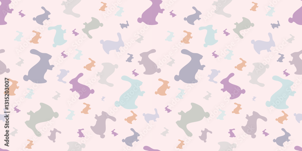 A seamless digital pattern featuring pastel-colored bunny silhouettes on a light background. Perfect for Easter, spring designs, and textiles. Vector illustration A seamless digital pattern featuring pastel-colored bunny silhouettes on a light background. Perfect for Easter, spring designs, and textiles. Vector illustration