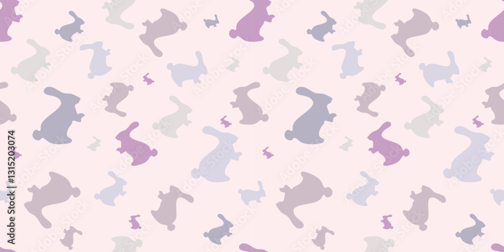 A seamless digital pattern featuring pastel-colored bunny silhouettes on a light background. Perfect for Easter, spring designs, and textiles. Vector illustration